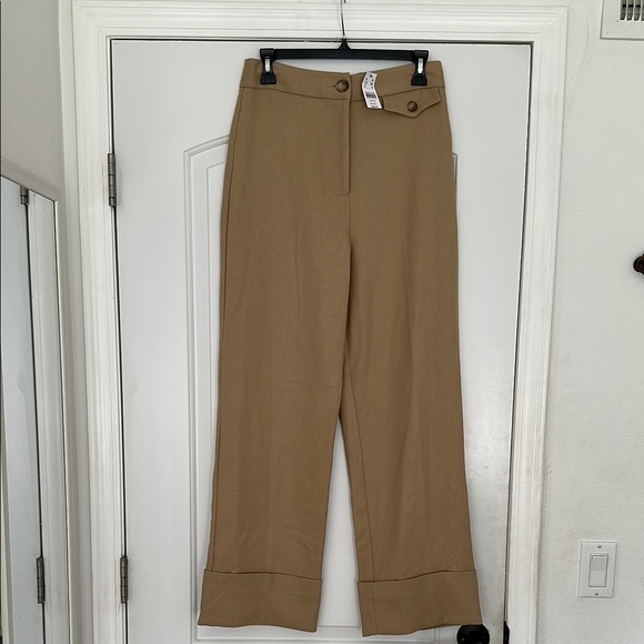 NWT Topshop Wide Leg High Waist Dress Pants Trousers Cuffed Cream Tan Sz 6 - Picture 1 of 7